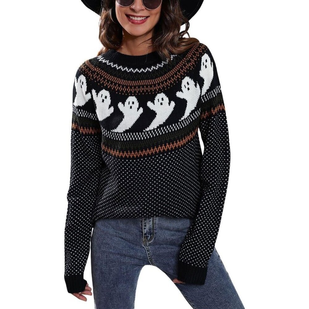 Women's Fair Isle Ghost Pattern Crewneck Sweater Acrylic Small Casual